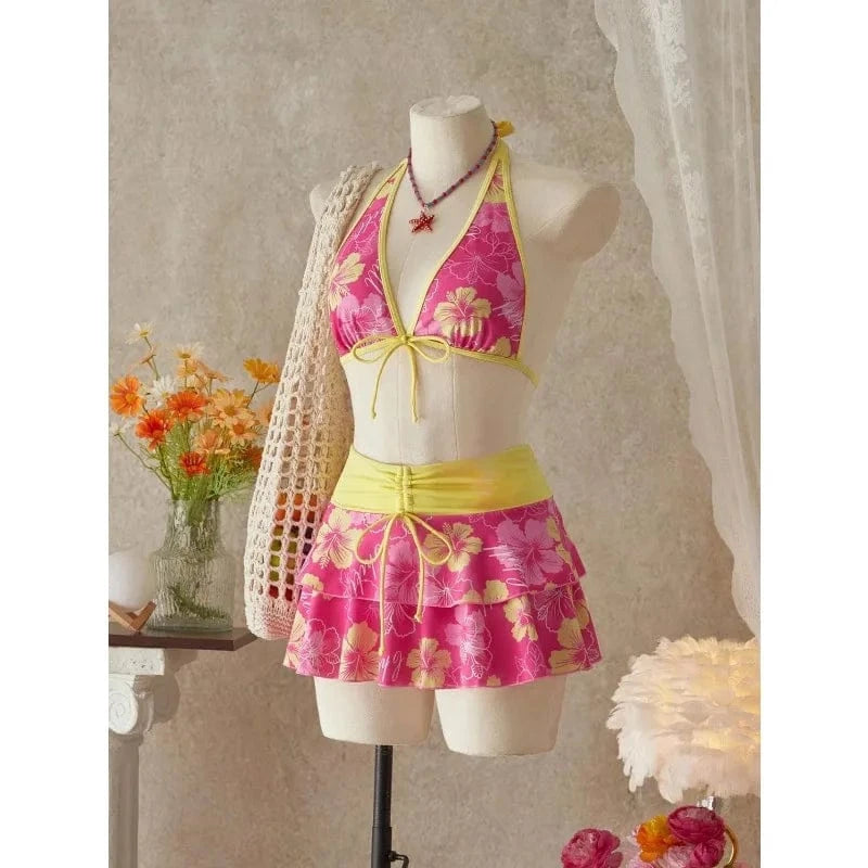 Elegant Floral Color Block Swimsuit Women Triangle Halter High-Waist Bikini Set Cover Up Skirt 2026 New Micro Bikini Three-Piece - A-1 Thread Vault