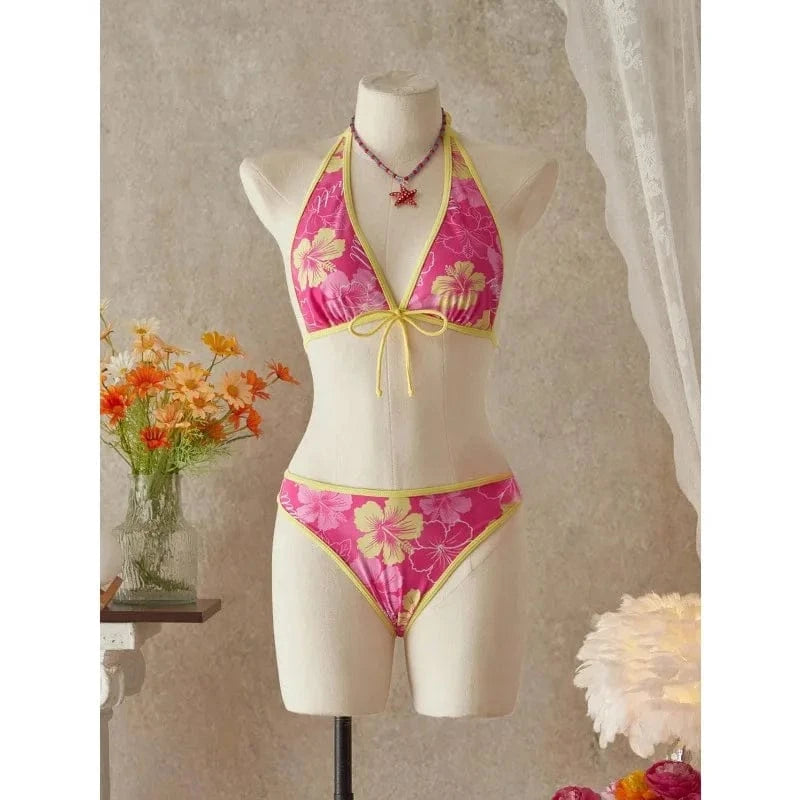 Elegant Floral Color Block Swimsuit Women Triangle Halter High-Waist Bikini Set Cover Up Skirt 2026 New Micro Bikini Three-Piece - A-1 Thread Vault