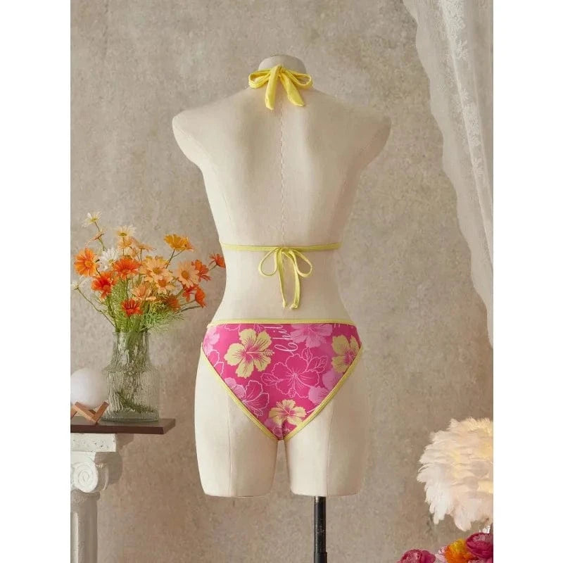 Elegant Floral Color Block Swimsuit Women Triangle Halter High-Waist Bikini Set Cover Up Skirt 2026 New Micro Bikini Three-Piece - A-1 Thread Vault