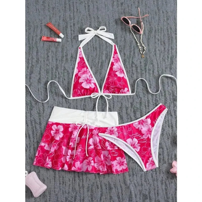 Elegant Floral Color Block Swimsuit Women Triangle Halter High-Waist Bikini Set Cover Up Skirt 2026 New Micro Bikini Three-Piece - A-1 Thread Vault