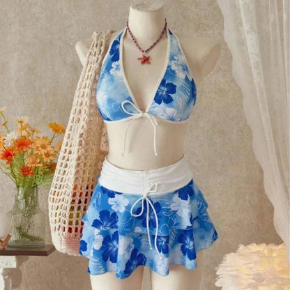 Elegant Floral Color Block Swimsuit Women Triangle Halter High-Waist Bikini Set Cover Up Skirt 2026 New Micro Bikini Three-Piece - A-1 Thread Vault