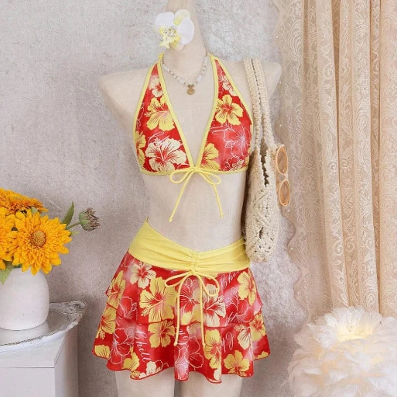 Elegant Floral Color Block Swimsuit Women Triangle Halter High-Waist Bikini Set Cover Up Skirt 2026 New Micro Bikini Three-Piece - A-1 Thread Vault