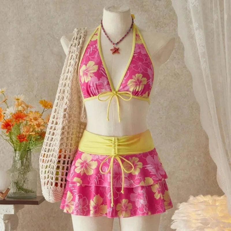 Elegant Floral Color Block Swimsuit Women Triangle Halter High-Waist Bikini Set Cover Up Skirt 2026 New Micro Bikini Three-Piece - A-1 Thread Vault