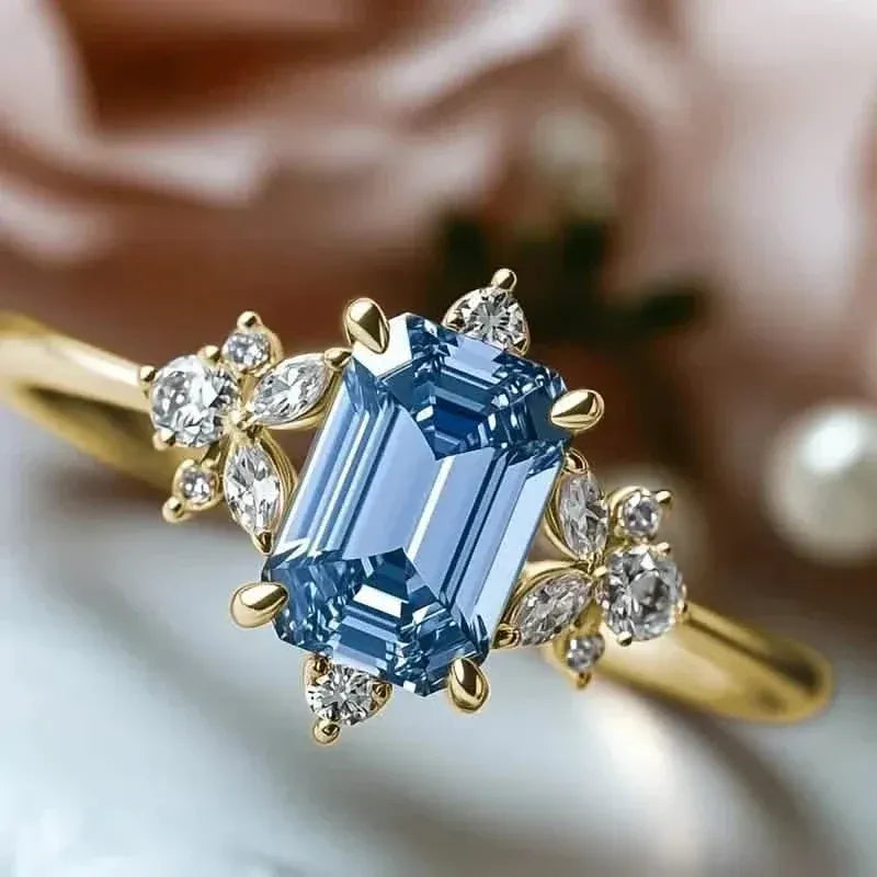 Elegant Gold-Plated Copper Engagement Ring with Square Blue Cubic Zirconia - A-1 Thread Vault
