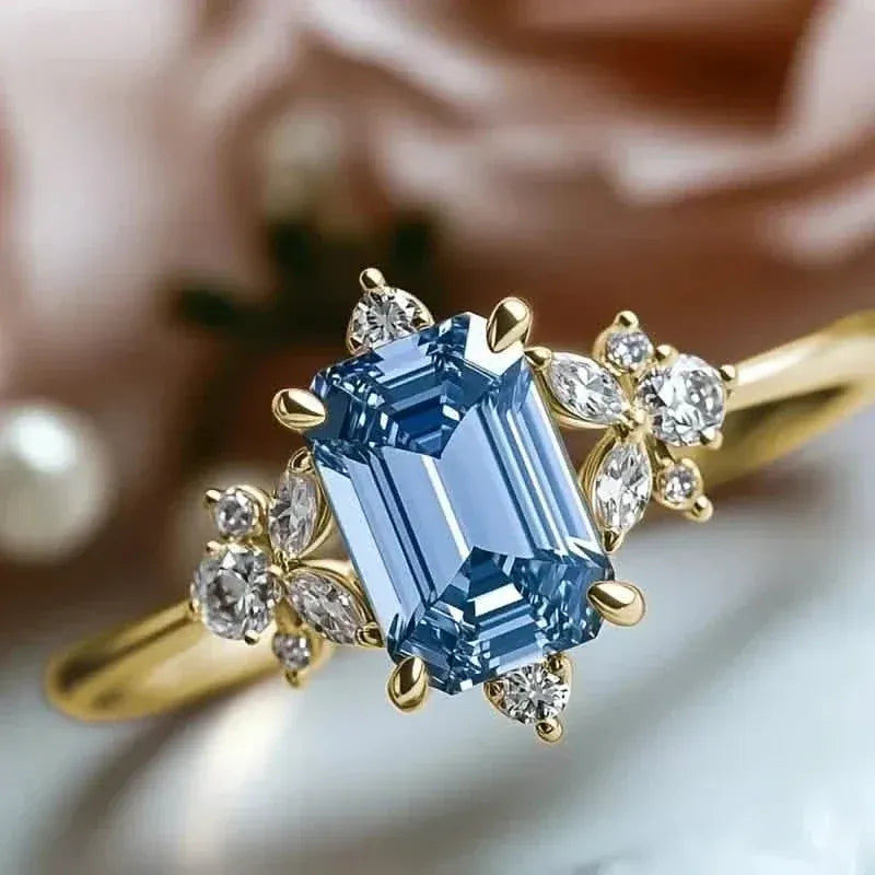 Elegant Gold-Plated Copper Engagement Ring with Square Blue Cubic Zirconia - A-1 Thread Vault