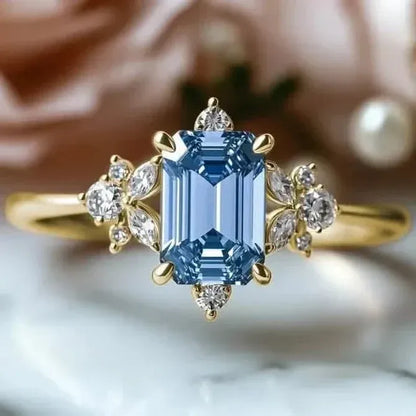 Elegant Gold-Plated Copper Engagement Ring with Square Blue Cubic Zirconia - A-1 Thread Vault