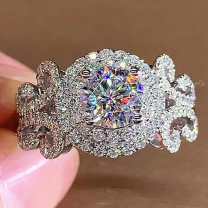 Elegant Promise Ring Trendy Halo Design Silver Plated Paved Shining Rhinestone Engagement/ Wedding Ring - A-1 Thread Vault