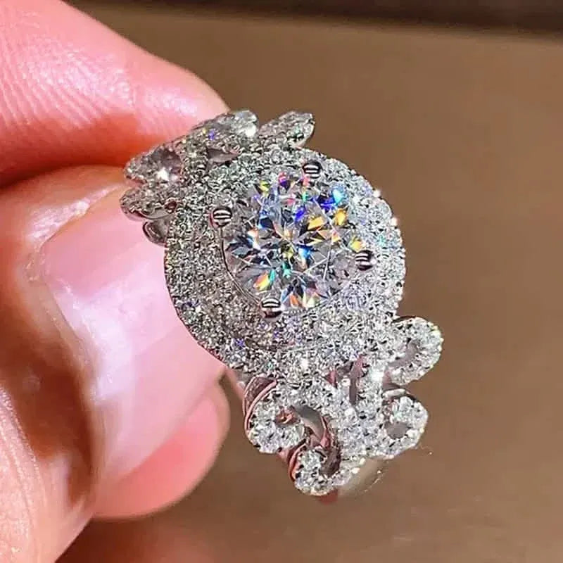 Elegant Promise Ring Trendy Halo Design Silver Plated Paved Shining Rhinestone Engagement/ Wedding Ring - A-1 Thread Vault
