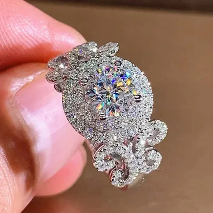 Elegant Promise Ring Trendy Halo Design Silver Plated Paved Shining Rhinestone Engagement/ Wedding Ring - A-1 Thread Vault