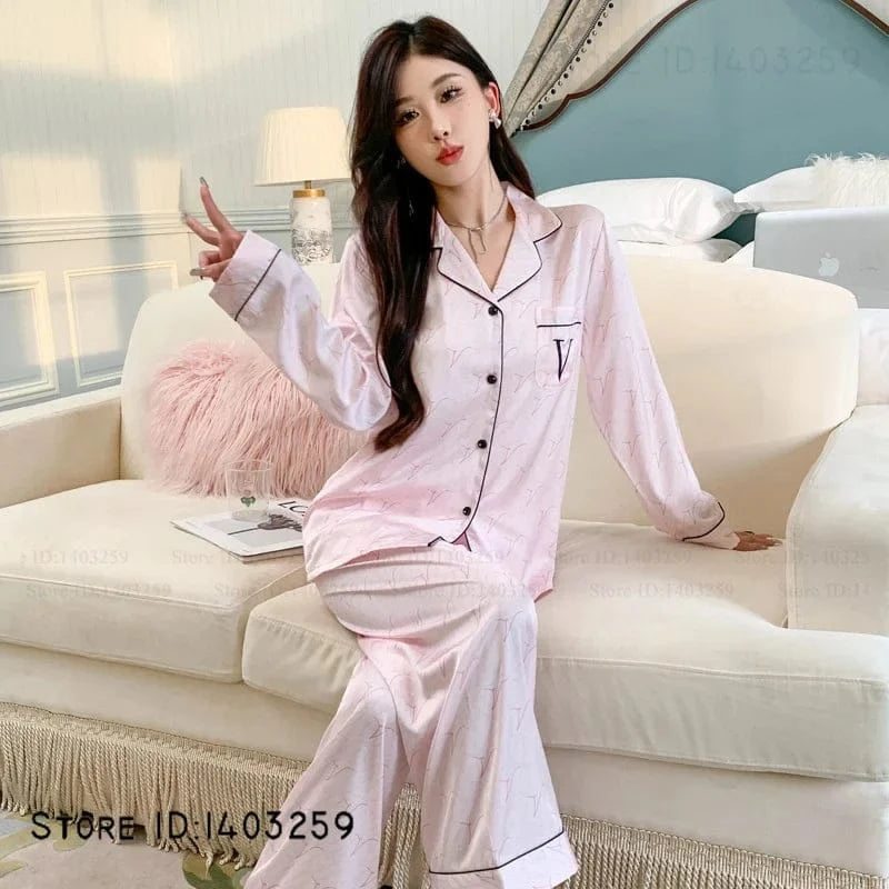 Elegant Silk Satin Women Pajamas Set Lounge Wear Sexy Lingerie Long Sleeve Trouser Pijamas Suit Loose Casual Sleepwear Homewear - A-1 Thread Vault