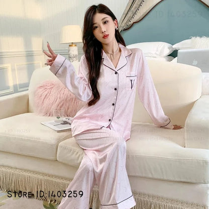 Elegant Silk Satin Women Pajamas Set Lounge Wear Sexy Lingerie Long Sleeve Trouser Pijamas Suit Loose Casual Sleepwear Homewear - A-1 Thread Vault