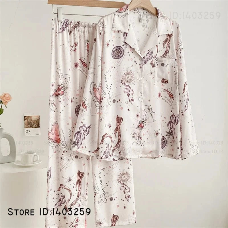 Elegant Silk Satin Women Pajamas Set Lounge Wear Sexy Lingerie Long Sleeve Trouser Pijamas Suit Loose Casual Sleepwear Homewear - A-1 Thread Vault