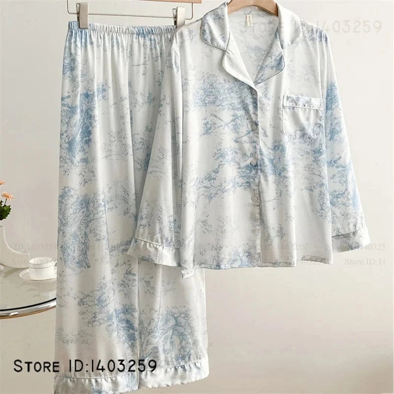 Elegant Silk Satin Women Pajamas Set Lounge Wear Sexy Lingerie Long Sleeve Trouser Pijamas Suit Loose Casual Sleepwear Homewear - A-1 Thread Vault