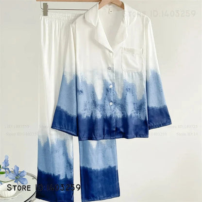 Elegant Silk Satin Women Pajamas Set Lounge Wear Sexy Lingerie Long Sleeve Trouser Pijamas Suit Loose Casual Sleepwear Homewear - A-1 Thread Vault