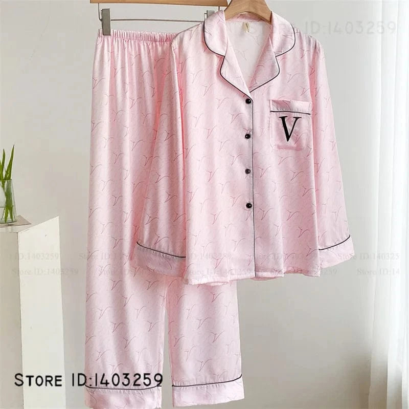 Elegant Silk Satin Women Pajamas Set Lounge Wear Sexy Lingerie Long Sleeve Trouser Pijamas Suit Loose Casual Sleepwear Homewear - A-1 Thread Vault