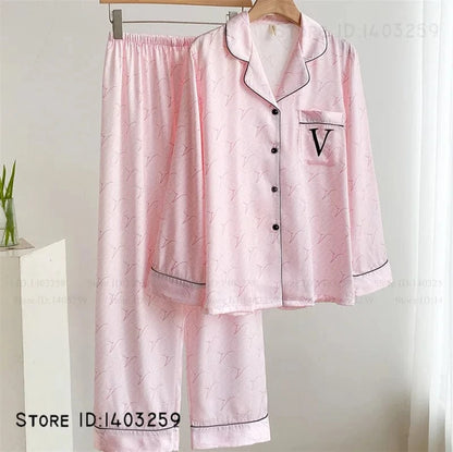 Elegant Silk Satin Women Pajamas Set Lounge Wear Sexy Lingerie Long Sleeve Trouser Pijamas Suit Loose Casual Sleepwear Homewear - A-1 Thread Vault
