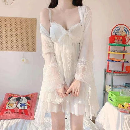 Elegant Sweet Simple Solid White Women Robe Gown Sets Chic Lace Bow Mesh Sleepwear Breathable Slim Nightdress - A-1 Thread Vault