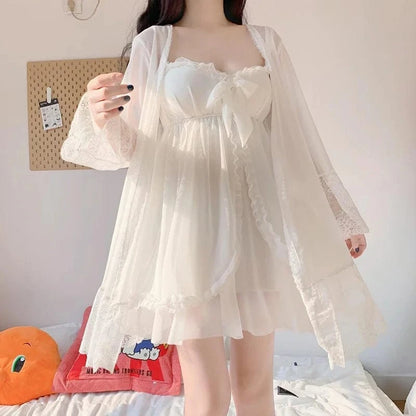 Elegant Sweet Simple Solid White Women Robe Gown Sets Chic Lace Bow Mesh Sleepwear Breathable Slim Nightdress - A-1 Thread Vault