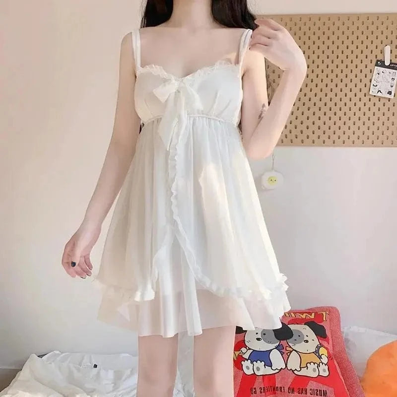 Elegant Sweet Simple Solid White Women Robe Gown Sets Chic Lace Bow Mesh Sleepwear Breathable Slim Nightdress - A-1 Thread Vault
