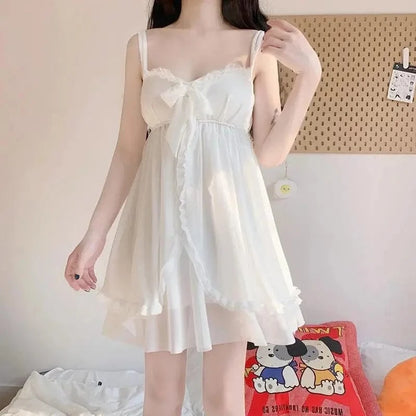 Elegant Sweet Simple Solid White Women Robe Gown Sets Chic Lace Bow Mesh Sleepwear Breathable Slim Nightdress - A-1 Thread Vault