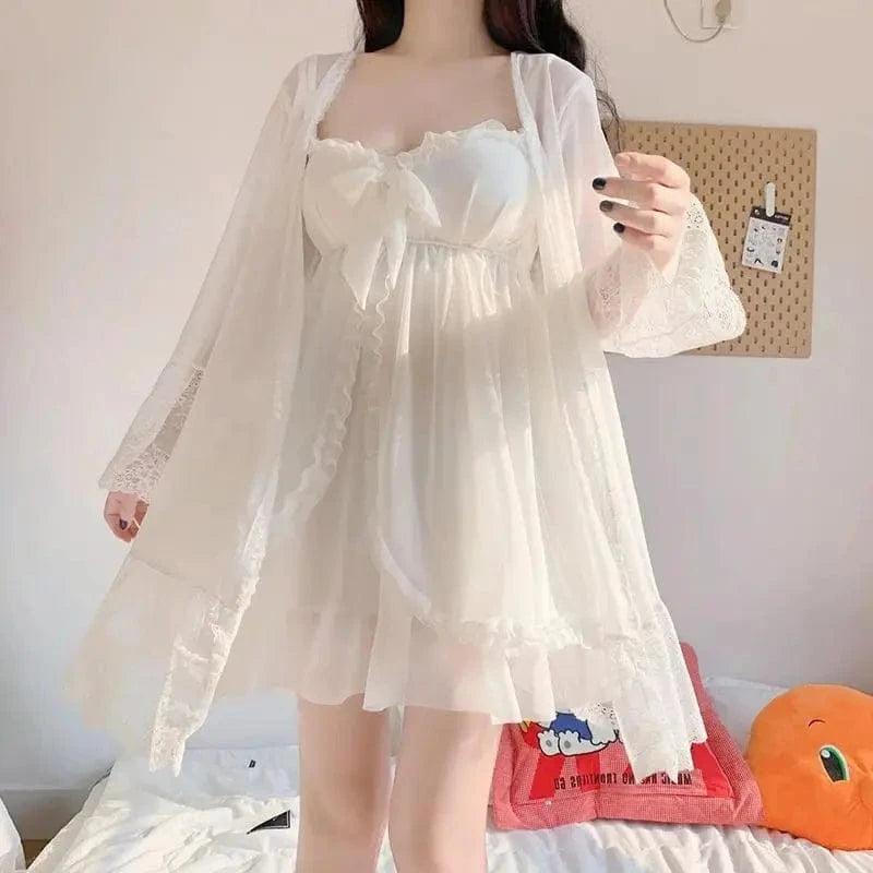 Elegant Sweet Simple Solid White Women Robe Gown Sets Chic Lace Bow Mesh Sleepwear Breathable Slim Nightdress - A-1 Thread Vault