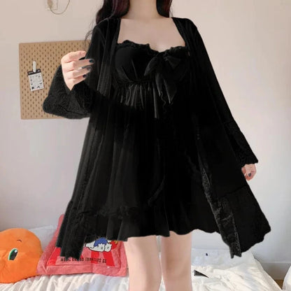 Elegant Sweet Simple Solid White Women Robe Gown Sets Chic Lace Bow Mesh Sleepwear Breathable Slim Nightdress - A-1 Thread Vault