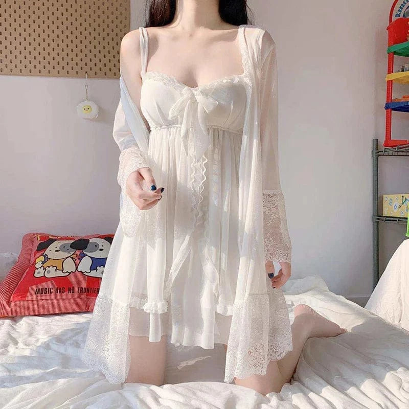 Elegant Sweet Simple Solid White Women Robe Gown Sets Chic Lace Bow Mesh Sleepwear Breathable Slim Nightdress - A-1 Thread Vault