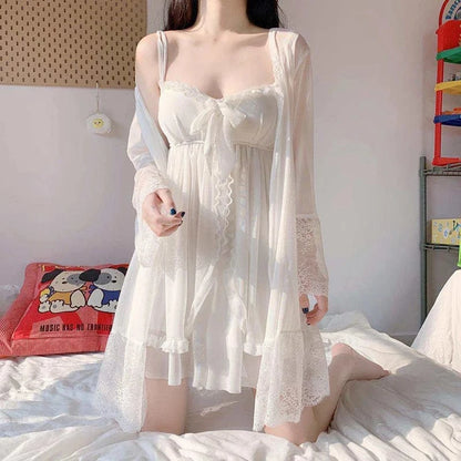 Elegant Sweet Simple Solid White Women Robe Gown Sets Chic Lace Bow Mesh Sleepwear Breathable Slim Nightdress - A-1 Thread Vault