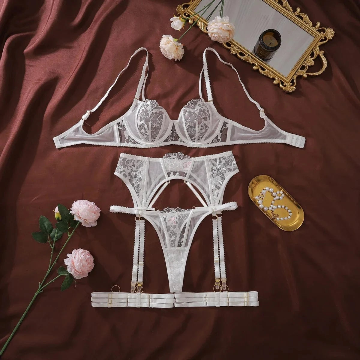 Ellolace Willowy Sexy Female Lingerie Intimate See Through Embroidered 3PC Set with Leg Circles Exclusive Erotic Miss Underwear - A-1 Thread Vault