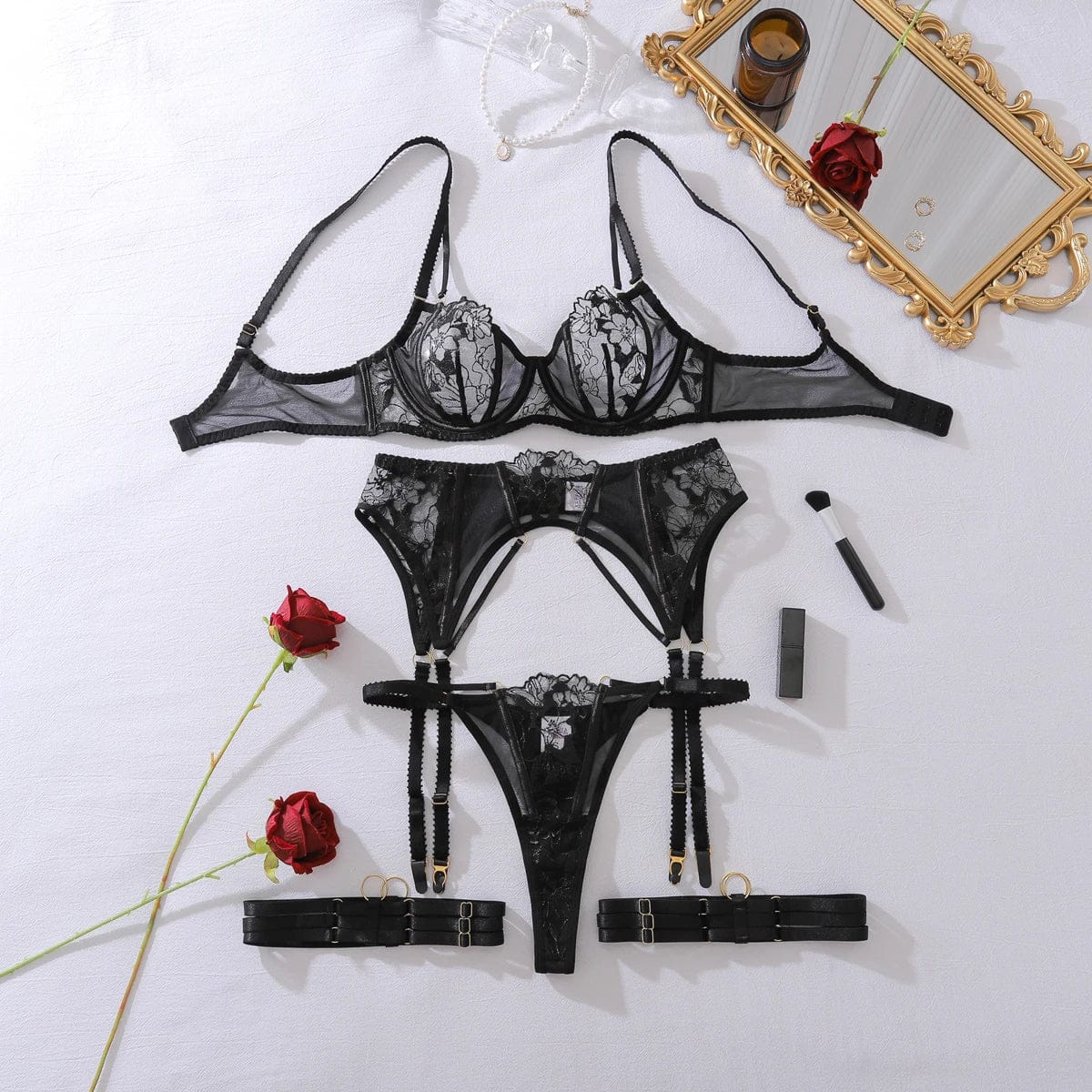 Ellolace Willowy Sexy Female Lingerie Intimate See Through Embroidered 3PC Set with Leg Circles Exclusive Erotic Miss Underwear - A-1 Thread Vault