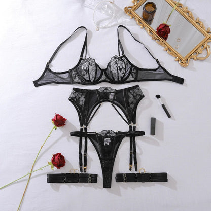 Ellolace Willowy Sexy Female Lingerie Intimate See Through Embroidered 3PC Set with Leg Circles Exclusive Erotic Miss Underwear - A-1 Thread Vault