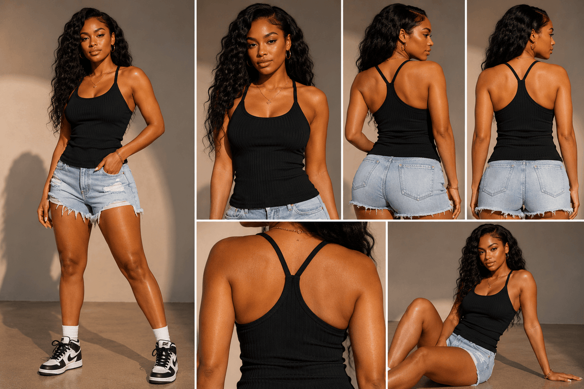 A black racerback ribbed tank top paired with distressed light wash denim shorts, shown from multiple angles on a model in a studio setting.
