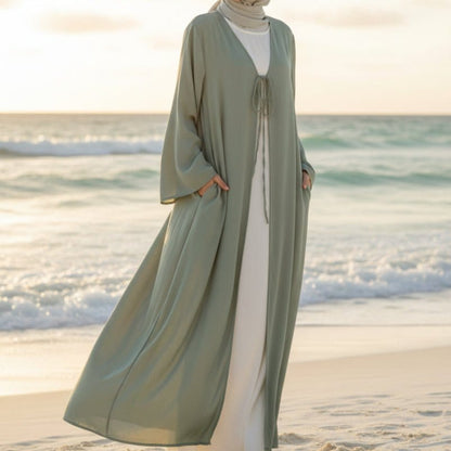 Essential Zoom Open Front Abaya with Tie Closure & Pockets (MOA309) - A-1 Thread Vault