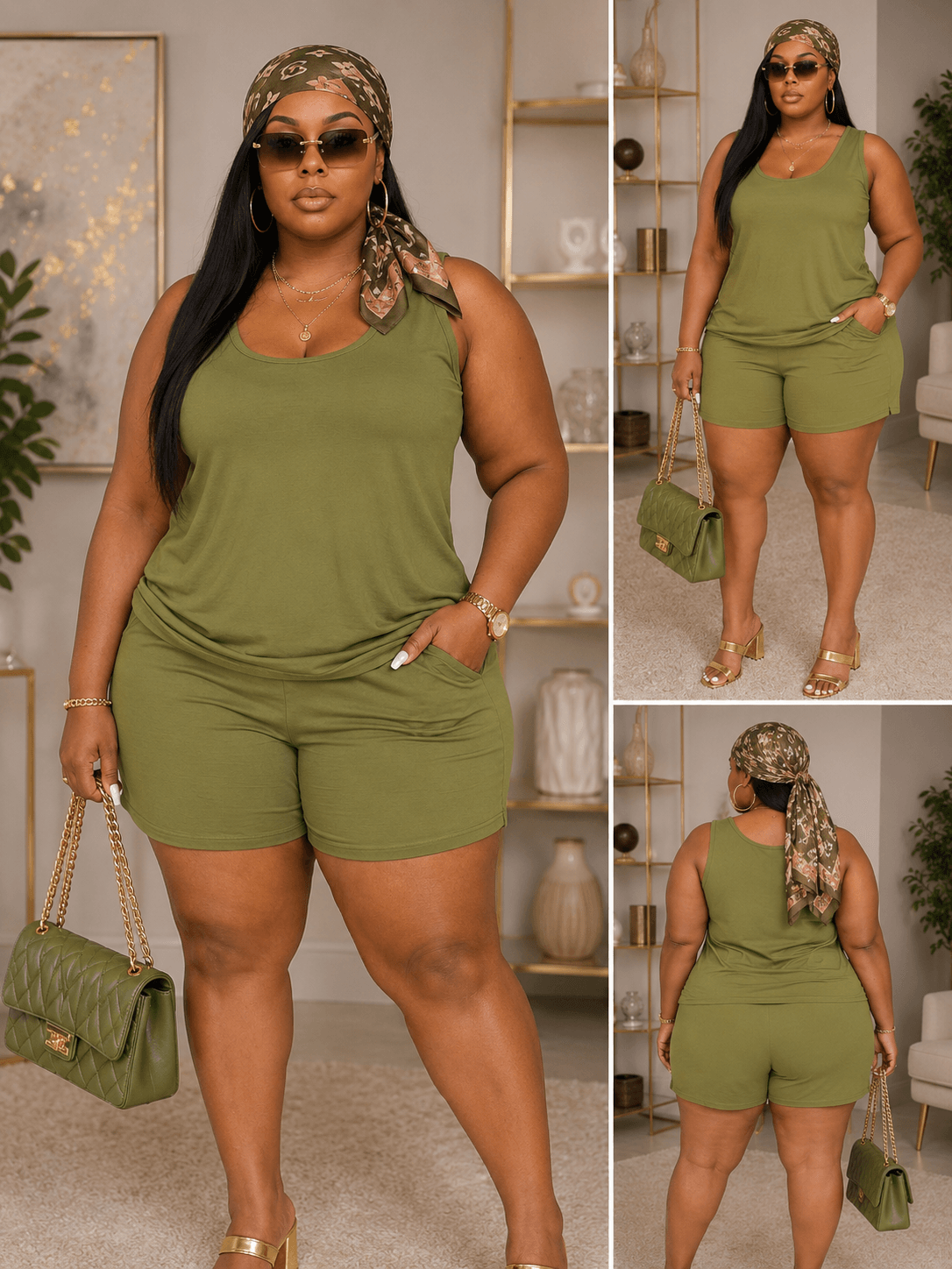 An olive green tank top and shorts lounge set worn by a woman with a patterned headscarf, sunglasses, and a quilted handbag.