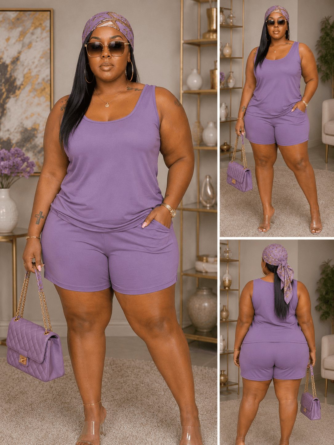 A woman models a matching lavender tank top and shorts set, featuring a headscarf, sunglasses, and a quilted shoulder bag in a studio setting.