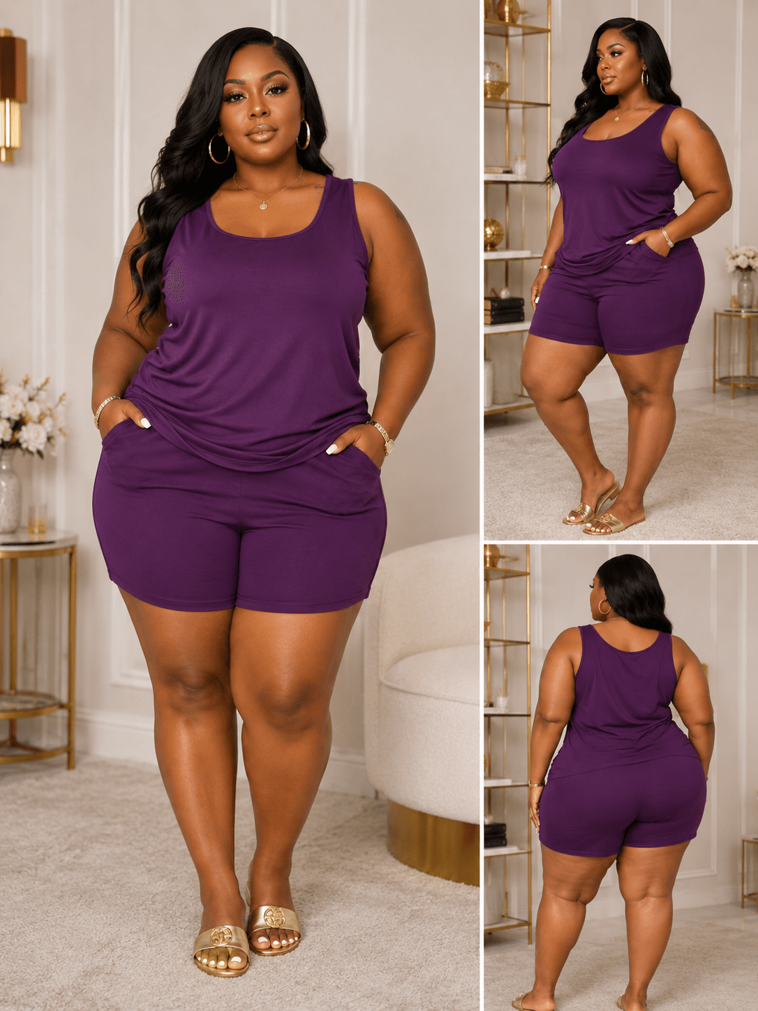 A plus-size model wears a deep purple sleeveless tank top and matching shorts set, featuring a scoop neckline and side pockets, posed in a bright, modern room.