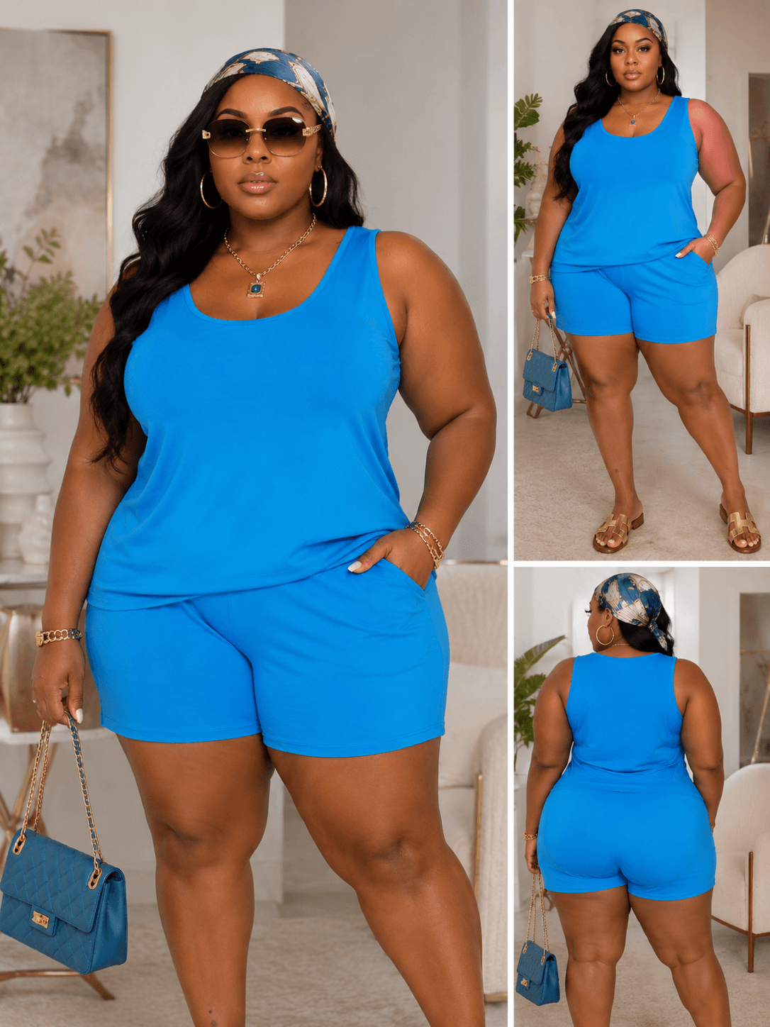 A plus-size model wears a bright blue sleeveless tank top and matching shorts set, styled with a patterned headscarf, gold jewelry, sunglasses, and a matching blue quilted handbag.