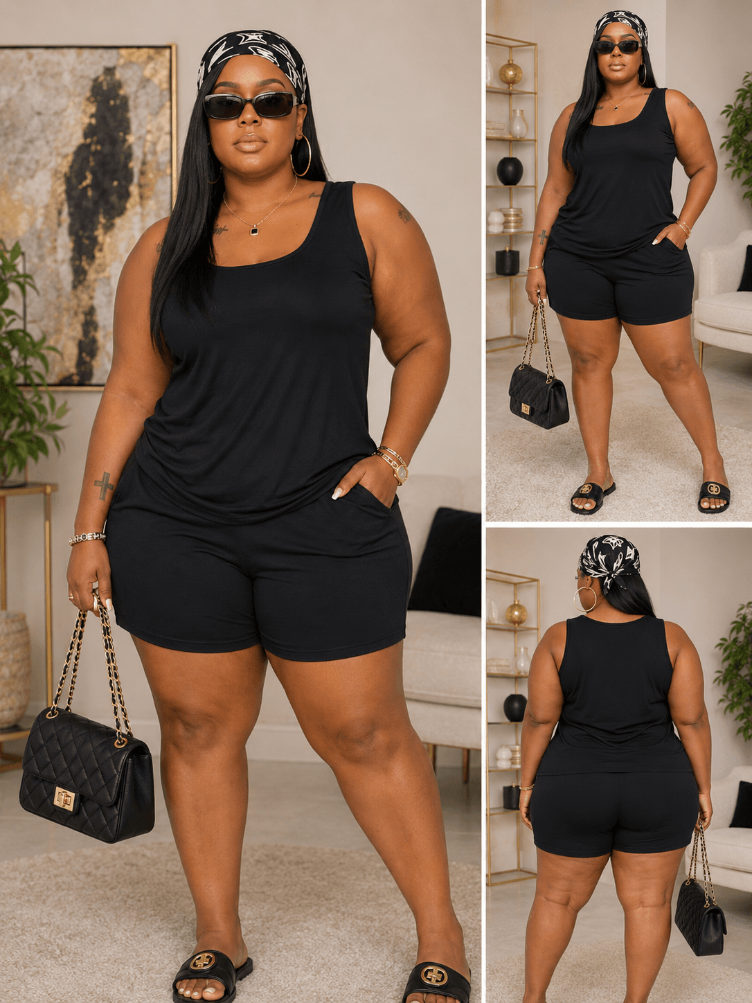 A black two-piece tank top and shorts lounge set worn by a woman accessorized with a patterned headscarf, sunglasses, gold jewelry, and a black quilted chain-strap handbag.