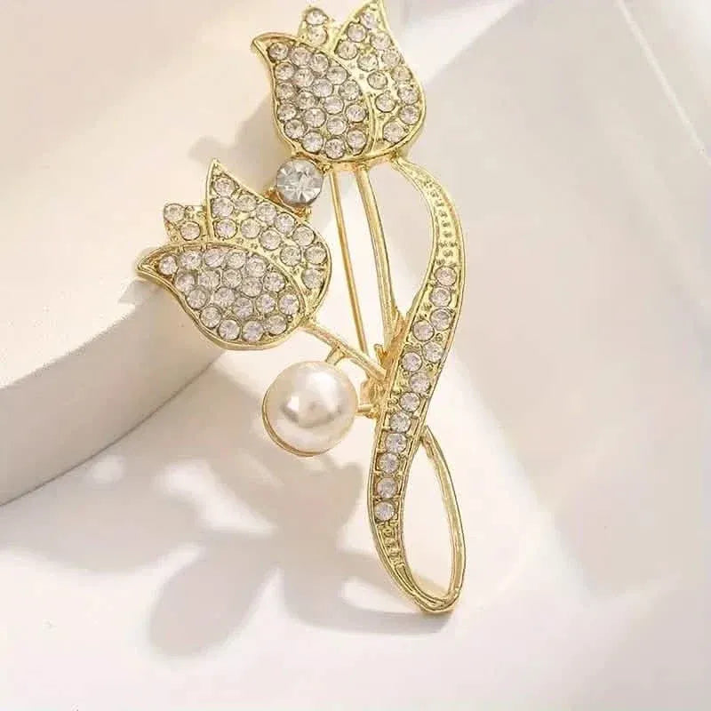 Exquisite Tulip-Shaped Faux Pearl Brooch Adorned with Artificial Diamond - A-1 Thread Vault