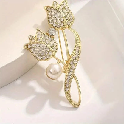 Exquisite Tulip-Shaped Faux Pearl Brooch Adorned with Artificial Diamond - A-1 Thread Vault
