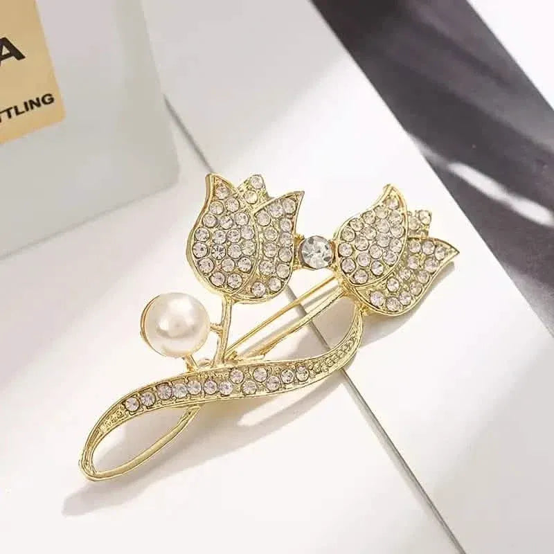 Exquisite Tulip-Shaped Faux Pearl Brooch Adorned with Artificial Diamond - A-1 Thread Vault