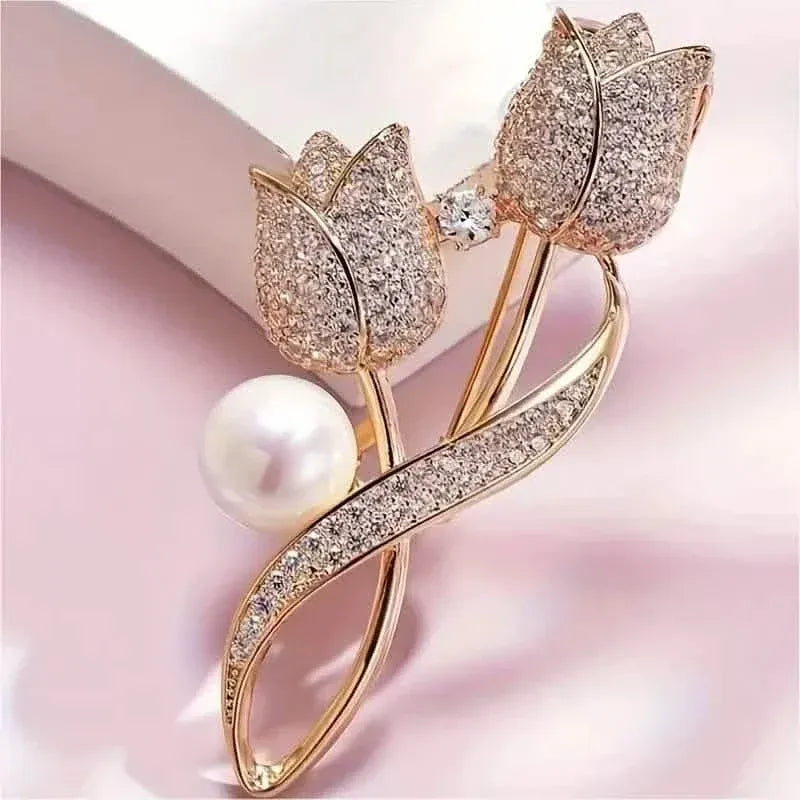 Exquisite Tulip-Shaped Faux Pearl Brooch Adorned with Artificial Diamond - A-1 Thread Vault