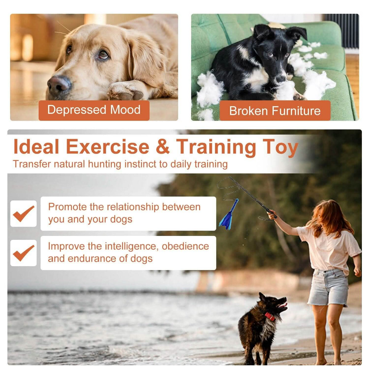 Extendable Dog Flirt Pole with 2 Replaceable Interactive Tail Toys - A-1 Thread Vault