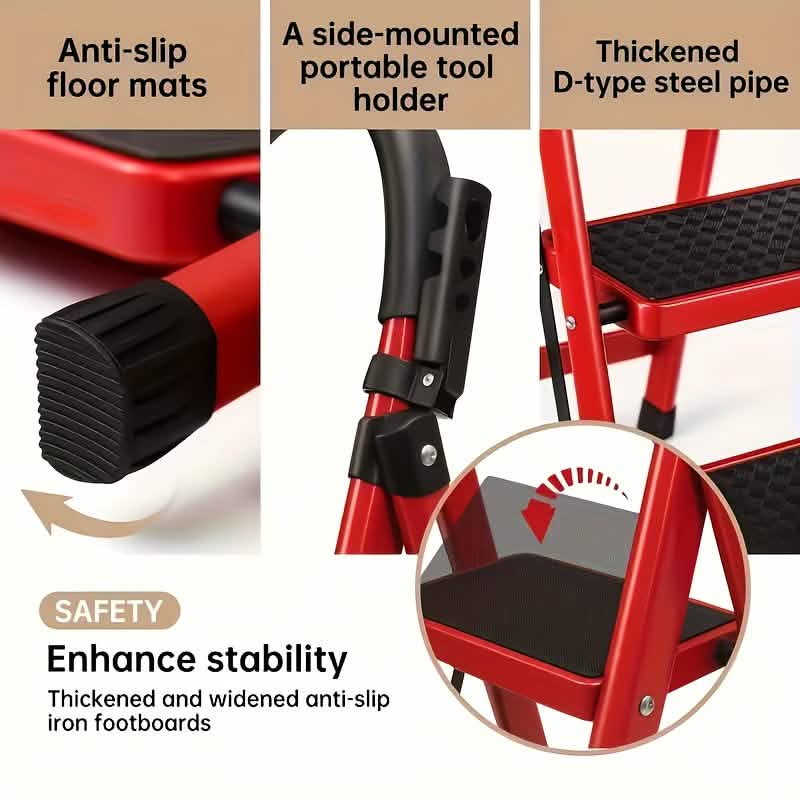 Folding 3/4-Step Ladder – Portable Steel Step Stool, Anti-Slip - A-1 Thread Vault
