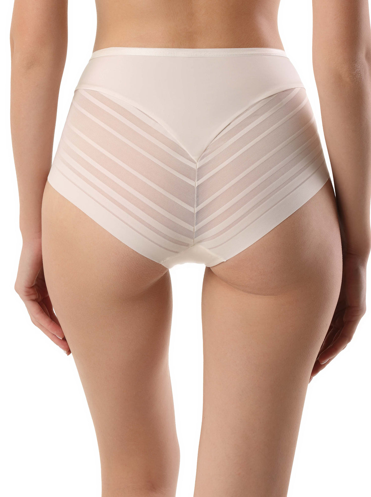 Beige high-waisted briefs featuring a sheer, striped design on the back, worn by a woman.