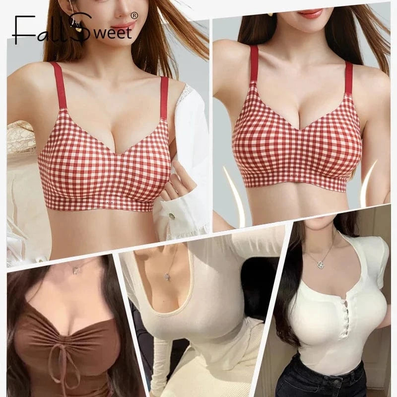 FallSweet Classical Red Plaid Push Up Bra for Women Seamless Wireless Bralette Female Invisible Brassiere Small Breasts Lingerie - A-1 Thread Vault