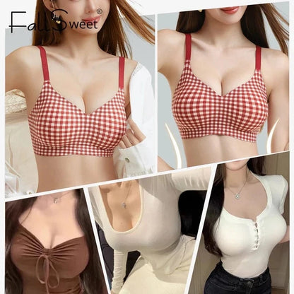 FallSweet Classical Red Plaid Push Up Bra for Women Seamless Wireless Bralette Female Invisible Brassiere Small Breasts Lingerie - A-1 Thread Vault