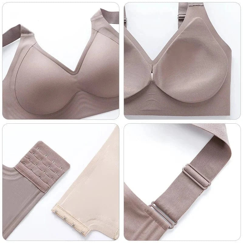 A beige seamless bra shown from multiple angles including a close-up of the molded cups, back hook-and-eye closure, and adjustable shoulder straps.