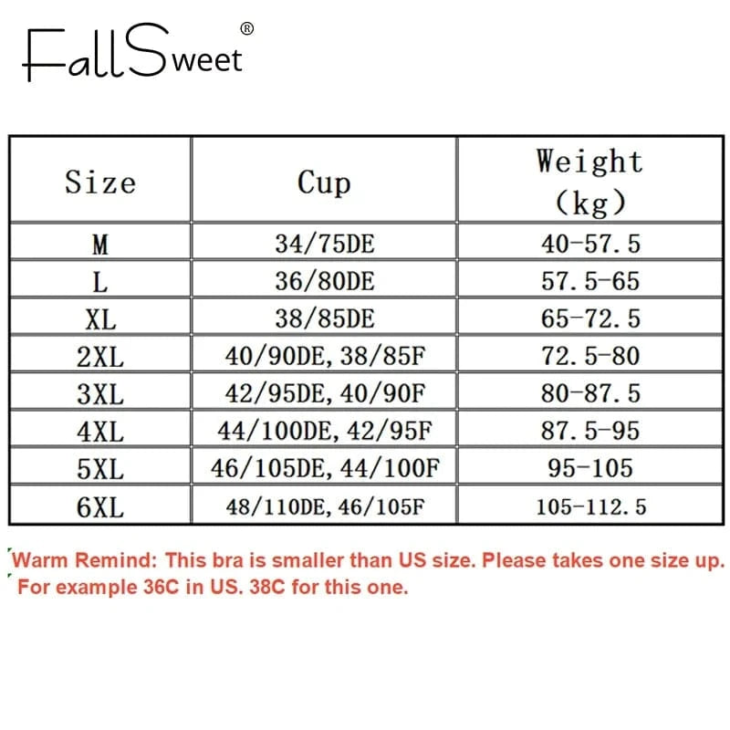 A sizing chart table for FallSweet brand bras, showing categories for size, cup measurements, and weight ranges in kilograms.