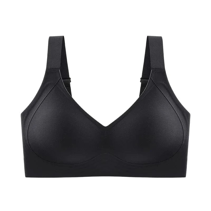 A black wireless bra with molded cups and wide shoulder straps set against a white background.